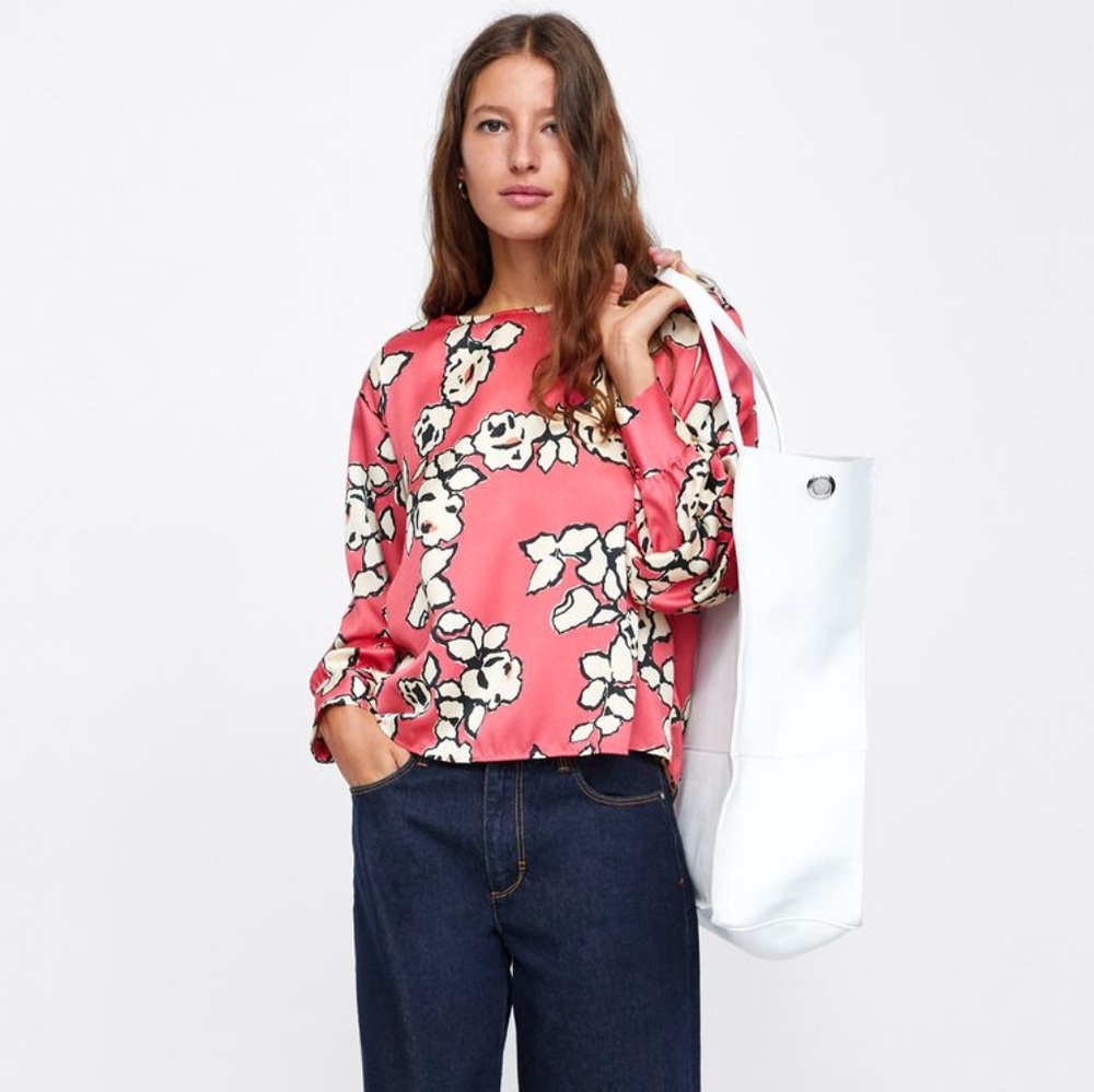 ZARA Graphic Floral Satin Puff/pleated sleeve top